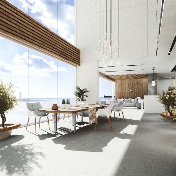 Modern luxury holiday villa at seaside. 3D generated image. Image on the laptop is my own graphics.